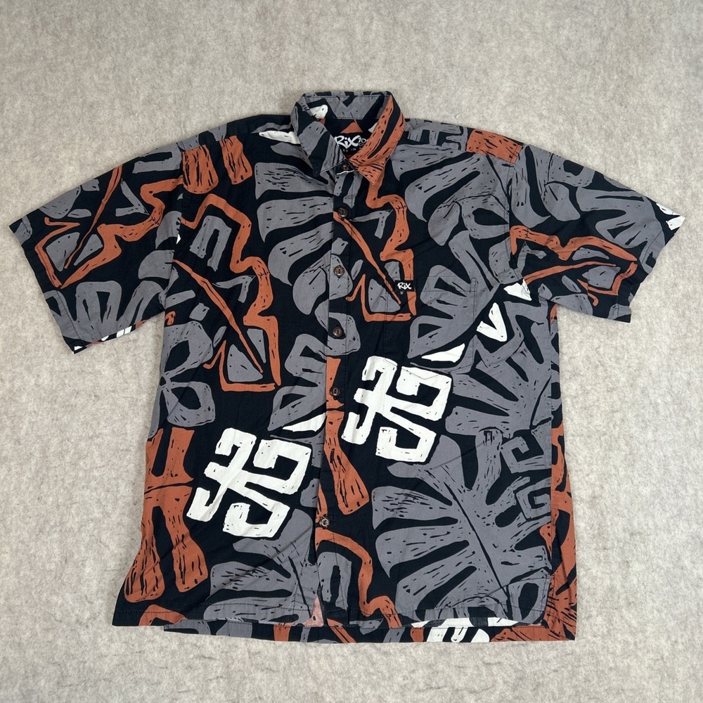 Rix Hawaiian Aloha Floral Tree Short Sleeve Cotton Shirt Black Mens Large